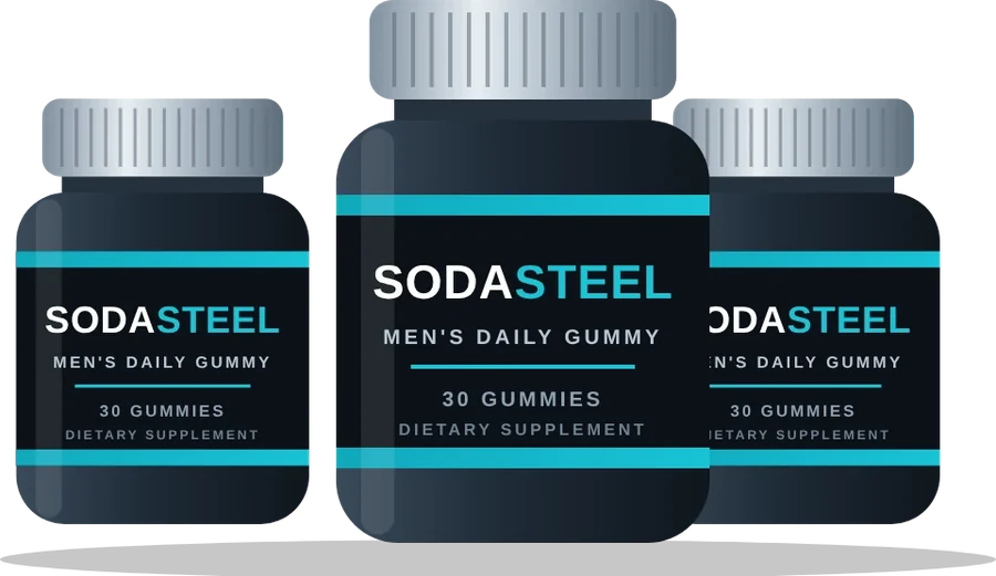 Three bottles of SodaSteel men's daily wellness gummies